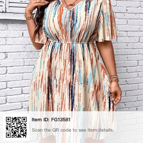 Plus Size Casual Dress, Women's Plus Random Print Short Sleeve V Neck - Picture 2 of 5